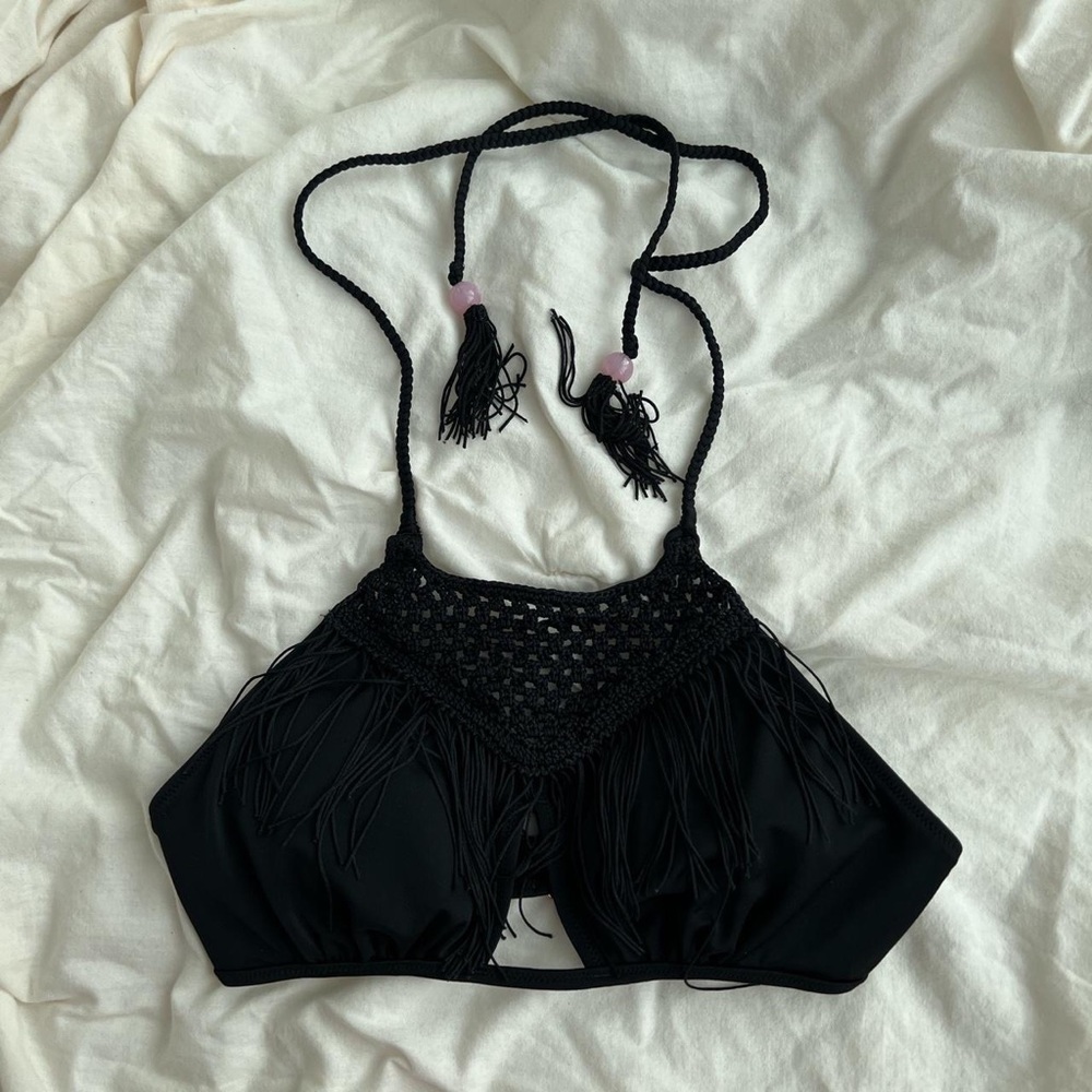 Victoria Secret black crochet fringe bikini top with rose colored beads